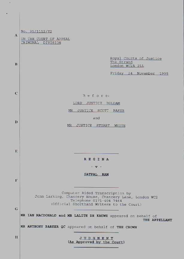 Regina v Ram, (1995) Court of Appeal judgment - front cover