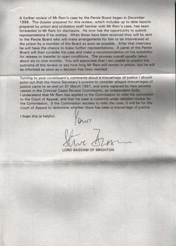 Letter from the Home Office re Ram's imprisonment